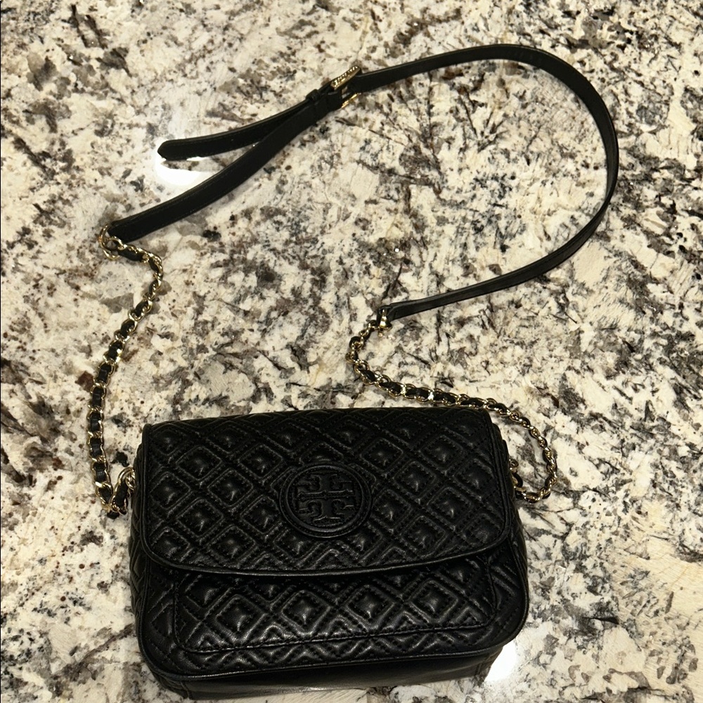 Tory Burch Black Quilted Crossbody Bag with Gold Chain